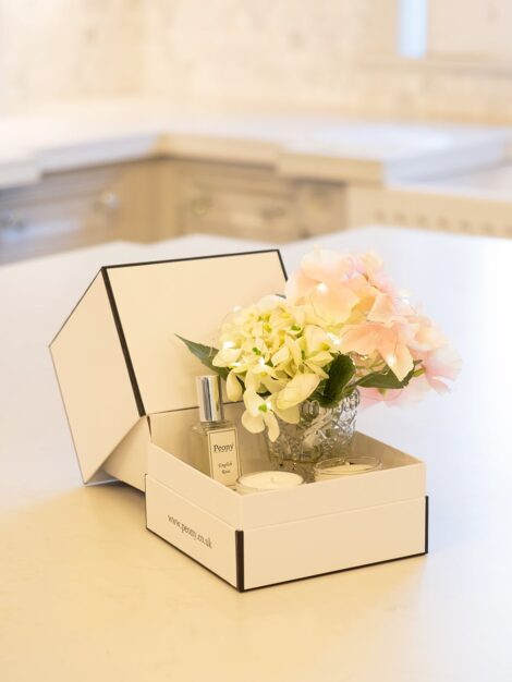 White Hydrangea in a gift box with two votive scented candles, 25ml flower frangrance and LED light